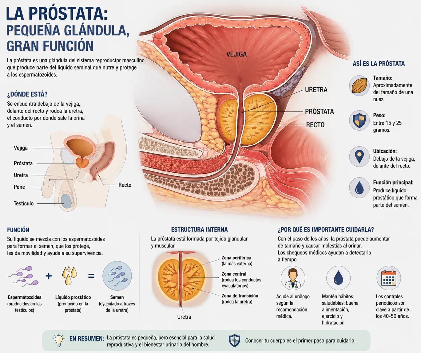 Infografía anatómica: la próstata, su ubicación debajo de la vejiga rodeando la uretra, su estructura interna por zonas y su función en la producción del líquido seminal